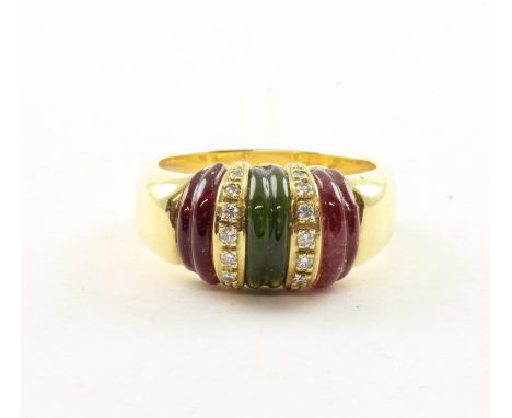RING, 750/ooo Gelbgold, besetzt mit Brillanten und Farbedelsteinen, minst.best., RG 59, 13,5g 