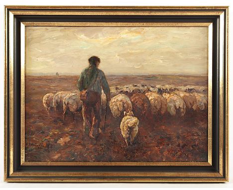 KAUFHOLD, August (1884-1955), "Schäfer mit Herde in einer Heidelandschaft", Öl/Malkarton, 38 x 50, unten links signiert, R. 