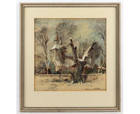 NICKLAU, Rudolf (Berliner Zeichner 1.H.20.Jh.), "Winterliche Kirchenansicht", Mischtechnik/Papier, 38,5 x 38,5 (Passepartouta