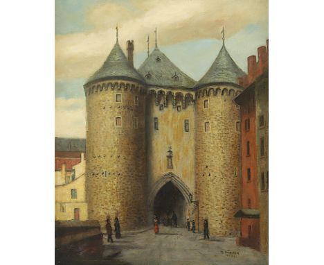 HÜSGEN, Anton (Düsseldorfer Maler um 1900), "Blick auf das Rurtor (Hexenturm) in Jülich", Öl/Lwd., 54,5 x 44, unten rechts si