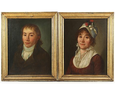 PORTRAITMALER E.18.JH., "Zwei Bildnisse eines Ehepaars", Öl/Lwd., 55 x 43, rest., auf Platte aufgezogen, R. 