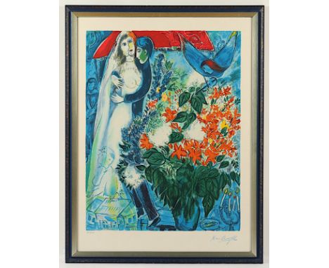 CHAGALL, Marc, "Brautpaar unter Baldachin", Farbserigrafie/Bütten, 69 x 53, nummeriert 895/950, drucksigniert, rechts unten m