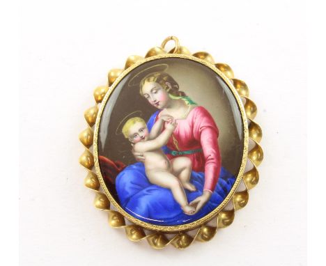 EMAILLEMALEREI, Kordelsaum 585/ooo Gelbgold, Mutter mit Kind, Ring ergänzt, kein Gold, L 4,8, wohl LIMOGES, M.19.Jh. 