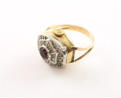 UHREN-RING, gold plated, besetzt mit weißem und farbigem Strass, Handaufzug, RG 50, FAVRE LEUBA 