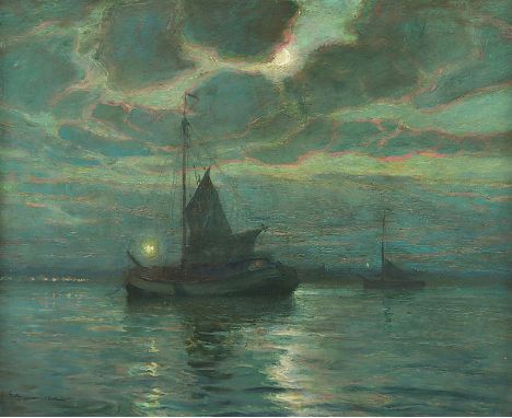 BURMESTER, Georg (1864-1936), "Schiffe vor nächtlicher Küste", Öl/Holz, 60 x 73, unten links signiert, R. 