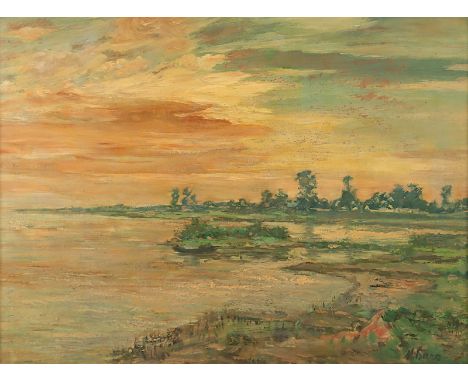 BARRE, M. (Maler um 1930), "Uferlandschaft", Öl/Hartfaser, 60,5 x 80, unten rechts signiert, R. 