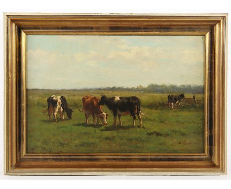 MALER A.20.JH., "Weidelandschaft mit Kühen", Öl/Holz, 33 x 50, unten rechts unleserlich signiert, R. 