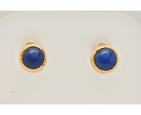A PAIR OF EARRINGS, each designed as a circular lapis lazuli cabochon in a collet setting, stamped 750, approximate diameter 