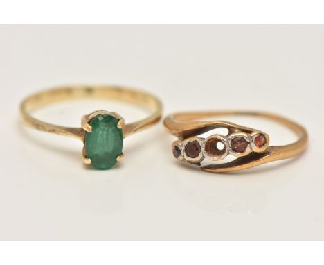 TWO YELLOW METAL RINGS, the first an oval emerald in a four claw setting to the plain band, emerald treated, stamped 585, rin
