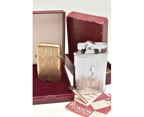 A YELLOW METAL LIGHTER AND A RONSON LIGHTER, rectangular engine turned pattern lighter, stamped to the base '9ct Hallmarked',
