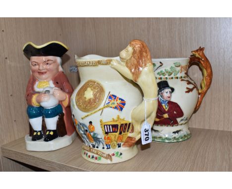 A GROUP OF THREE JUGS, comprising a musical Burlington Toby Jug, height 23.5cm, a musical Bewley Pottery Royal Commemorative 