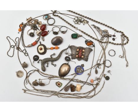 A BAG OF ASSORTED WHITE METAL JEWELLERY, to include a pair of amber drop earrings, a broken silver enamel teaspoon hallmarked