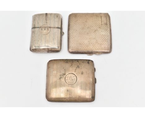 THREE SILVER CIGARETTE CASES, each with engraved engine turned pattern design, two with engraved cartouches, two with worn gi