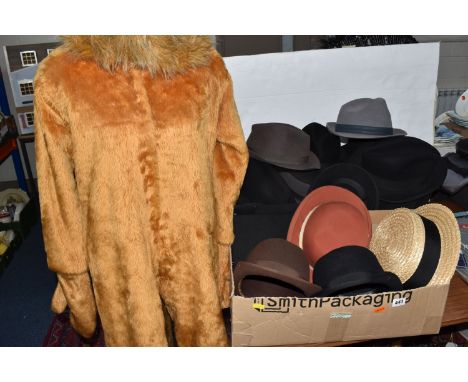 TWO BOXES AND LOOSE GENTLEMEN'S HATS AND A FANCY DRESS LION SUIT, comprising a 'Masquerade' lion costume with separate head a