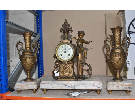A MARBLE MOUNTED FRENCH BRONZED CLOCK GARNITURE with pendulum and key, comprising a central timepiece with an enamel clock fa