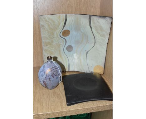 THREE PIECES OF ANNE JAMES STUDIO POTTERY comprising a narrow neck vase with a marbled pattern, height 12cm, a rectangular bo