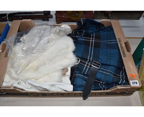 ONE BOX OF VINTAGE CLOTHING, to include a turquoise, black and white plaid kilt made by 'The Kilt' UK waist size 38/40'', wit