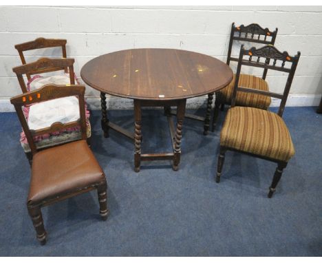 A 20TH CENTURY OAK BARLEY TWIST GATE LEG TABLE, open width 121cm x depth 91cm x height 73cm, along with a pair of chairs, and