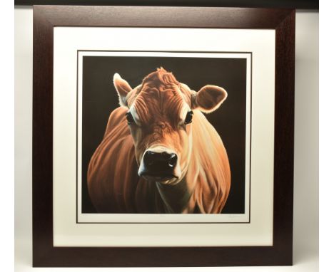 PAUL JAMES (BRITISH CONTEMPORARY) 'POSH', a signed limited edition print on paper depicting a portrait of a Cow, 76/295 with 