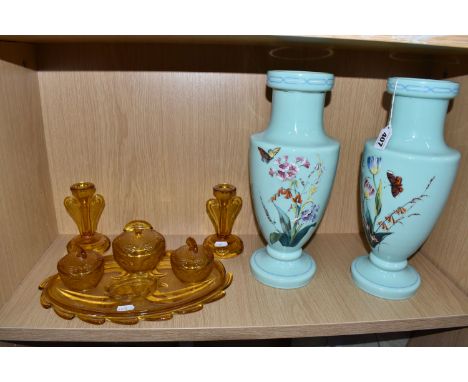 A PAIR OF NINETEENTH CENTURY OPALINE ENAMELLED VASES AND AN  AMBER GLASS DRESSING TABLE SET comprising a pair of turquoise op