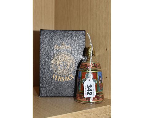 A BOXED ROSENTHAL VERSACE 'GOD IS BORN' CHRISTMAS 2004 GLASS BELL ORNAMENT, clear glass decorated with Nativity scenes and ge