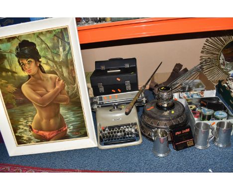 ONE BOX AND LOOSE MISCELLANEOUS ITEMS to include a group of pewter tankards to include Arcadia mugs with figurative female ha