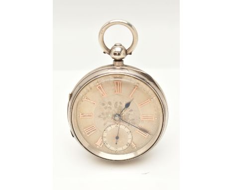 A LATE VICTORIAN SILVER OPEN FACE POCKET WATCH, key wound, round silver and rose tone Roman numeral dial with floral pattern,