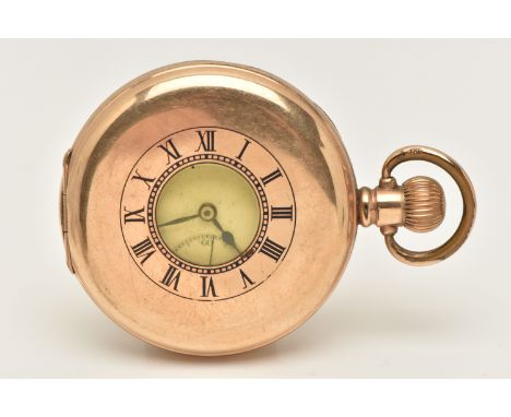 A GOLD PLATED HALF HUNTER POCKET WATCH, manual wind, round white Roman numeral dial, blue steel hands, with subsidiary dial a