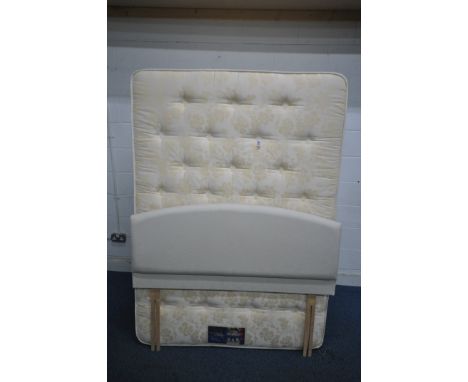 A SILENTNIGHT MIRACOIL SUPREME SAFFRON MIST 4FT6 DIVAN BED AND MATTRESS, along with a headboard (condition report: general si