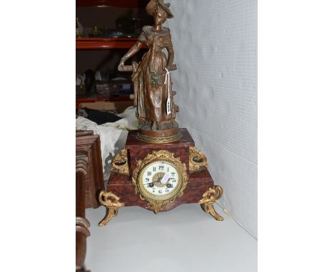 A FRENCH ROUGH MARBLE FIGURINE CLOCK AND A WALL CLOCK comprising a French marble clock mounted with a bronzed metal figure of