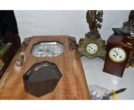 A GROUP OF THREE FRENCH CLOCKS comprising a green onyx figurine clock with a bronzed metal figure of the 'Muse of the Woods,'