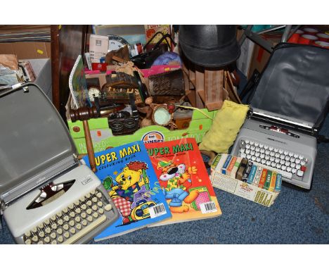 TWO BOXES AND LOOSE SUNDRY ITEMS, to include an Aviakit vintage motorcycling helmet, a bag of assorted marbles, a Stanley Bai