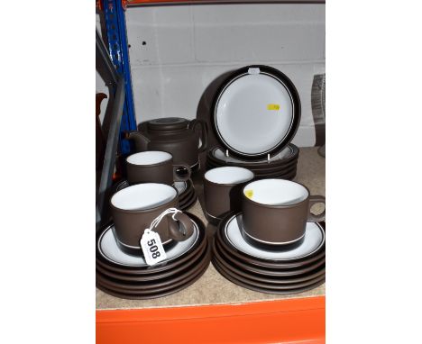 A HORNSEA 'CONTRAST' 1976 PART TEA SET, comprising a brown teapot, sugar bowl, three cups, six saucers, eight tea plates, sev