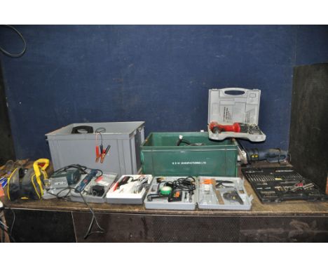 TWO TRAYS CONTAINING HAND AND POWER TOOLS, including Black and Decker jigsaw and sander, two soldering irons, a Bosch Planer,