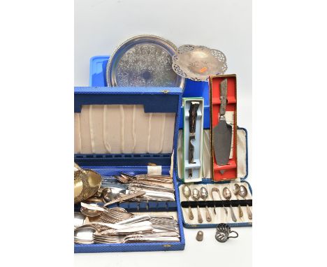 A BLUE PLASTIC STORAGE BOX WITH WHITE METAL WARE, to include a canteen of 'Community Plate' cutlery, a cased set of EPNS teas