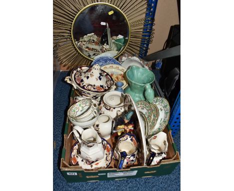 ONE BOX OF CERAMICS AND A MIRROR to include a quantity of vintage 'T. Goode &amp; Co.' hand painted gilt and floral tea wares