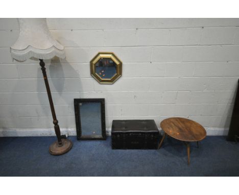 POSSIBLY ERCOL, A MID CENTURY ELM AND BEECH DROP END TABLE, a storage stool, two mirrors, and a standard lamp, (condition rep