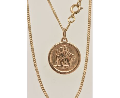 A 9CT GOLD ST.CHRISTOPHER PENDANT WITH CHAIN, small circular St. Christopher pendant, engraved to the reverse 'Janek 31.7.93'