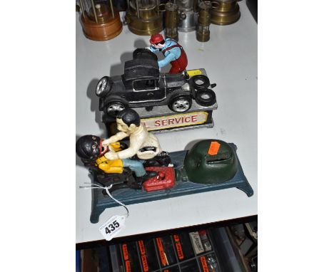 TWO MODERN REPRODUCTION CAST IRON MONEY BOXES OR MONEY BANKS, both complete and in working order but have minor paint loss an