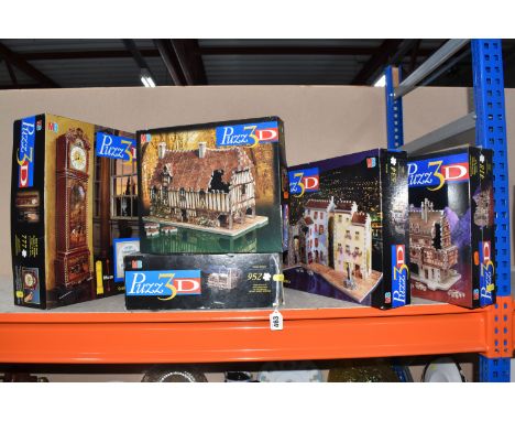 FIVE BOXED MB GAMES 'PUZZ 3D' PUZZLES, Bavarian Mansion (box still sealed in original cellophane), Normandy House, Riviera, N