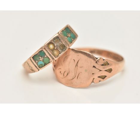 TWO ANTIQUE 9CT GOLD RINGS, the first a mid Victorian 9ct gold turquoise and split pearl ring, two split pearls missing, 9ct 