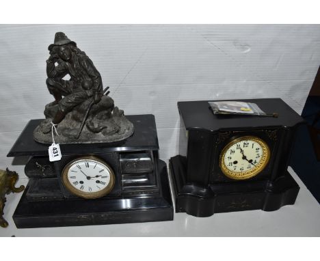 TWO FRENCH BLACK SLATE CLOCKS comprising one surmounted  by a metal seated figure, with Roman numeral time marks, etched patt