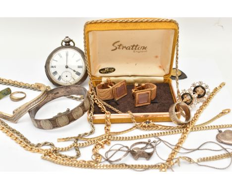 A BAG OF ASSORTED JEWELLERY, to include an AF silver open face pocket watch, key wound, round white Roman numeral dial with s