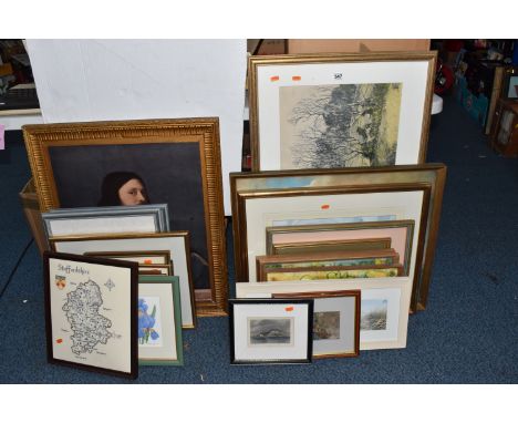 A SMALL QUANTITY OF PICTURES AND PRINTS, to include a Maggie Reigler watercolour of an Iris, approximate size 17cm x 15cm, a 