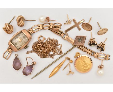 A SELECTION OF JEWELLERY, to include a pair of 9ct gold amethyst drop earrings (one ear fitting missing), with 9ct hallmark, 