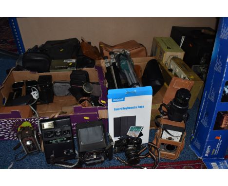 THREE BOXES AND LOOSE MOSTLY VINTAGE CAMERAS to include a portable Marconi phone, two tablet keypads, an Aicomatic MR-101, a 