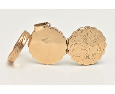 A 9CT GOLD LOCKET AND RING, the locket of a wavy circular form decorated with a foliate pattern, opens to reveal two vacant c