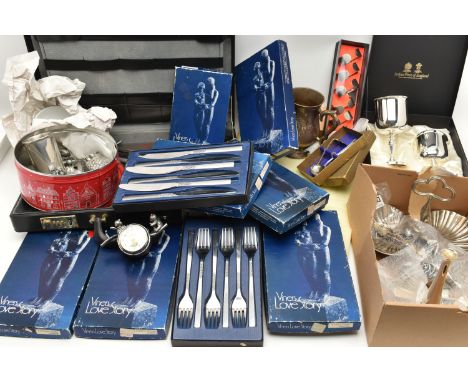 A BOX OF ASSORTED WHITE METAL ITEMS, to include a biscuit tin of 'Royal Selangor' Pewter items including trinkets, figures, c