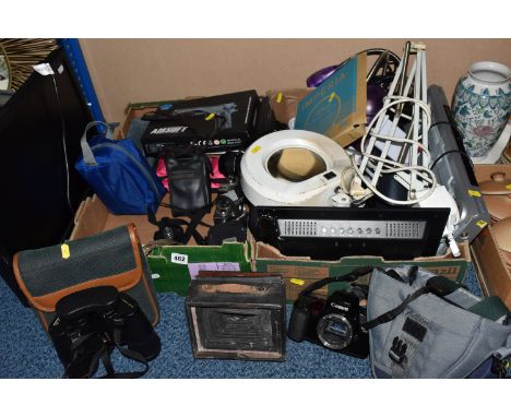 TWO BOXES OF ELECTRICAL AND MISCELLANEOUS ITEMS, to include an extendable magnifying hobby lamp, Sony DVD player, two purple 