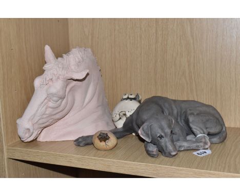 FOUR STUDIO POTTERY ANIMAL FIGURES, comprising a Keza Rudge raku figure of a recumbent dog, height 9.5cm x width 32cm, signed